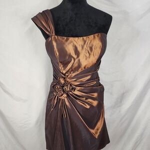 New! BELLA FORMALS by Venus Size 12 Bronze Aurora Taffeta One Shoulder w/Pockets